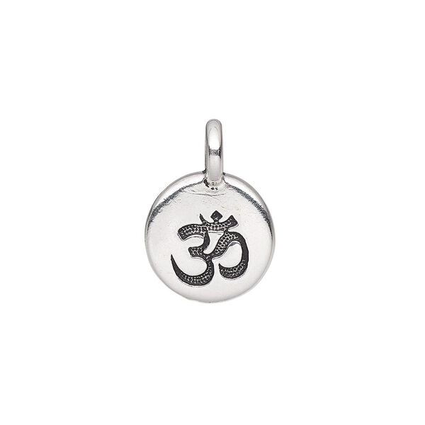 Drop, TierraCast®, antique silver-plated pewter (tin-based alloy), 11.5mm single-sided round with Om symbol. Sold per pkg of 20. image number 0