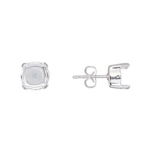 Earstud 1pkg4 silver-plated, 8mm / SS39 rivoli or chaton 4-prong setting / earnuts, brass / steel 2 pair