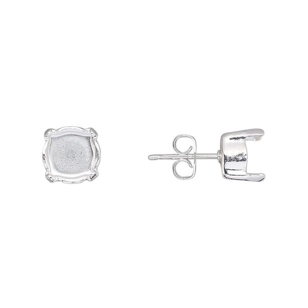 Earstud 1pkg4 silver-plated, 8mm / SS39 rivoli or chaton 4-prong setting / earnuts, brass / steel 2 pair image number 0