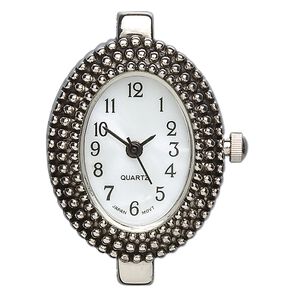 Watch face, glass and silver-finished "pewter" (zinc-based alloy), 25x20mm oval with dotted design. Sold individually.