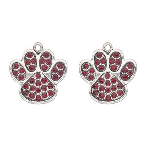 Charm, antique silver-finished "pewter" (zinc-based alloy) and glass, garnet red, 24x23mm single-sided paw print. Sold per pkg of 2.
