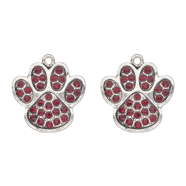 Charm, antique silver-finished "pewter" (zinc-based alloy) and glass, garnet red, 24x23mm single-sided paw print. Sold per pkg of 2. image number 0