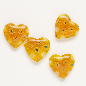 Bead, millefiori glass, translucent orange and multicolored, 18-20mm half-drilled puffed heart. Sold per pkg of 4.
