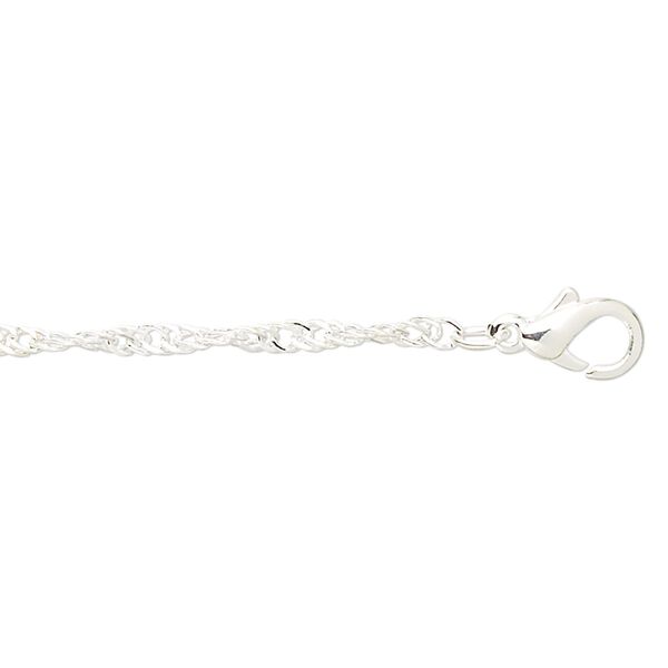Chain, silver-plated brass, 1mm Singapore, 18 inches with 1-inch extender chain and lobster claw clasp. Sold per pkg of 4. image number 0