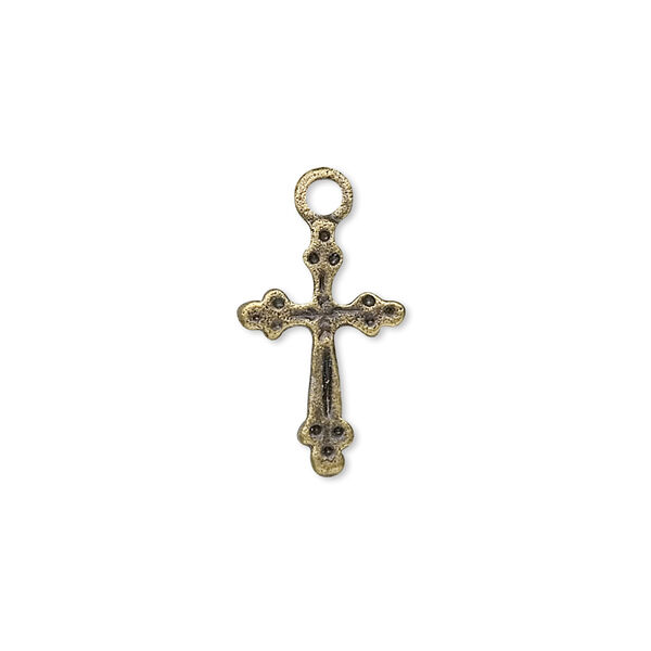Drop, antique brass-plated "pewter" (zinc-based alloy), 17x11mm cross. Sold per pkg of 10. image number 0