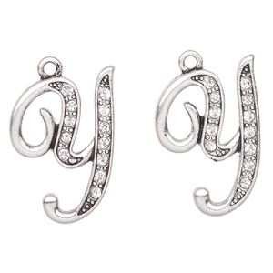 Charm, antique silver-finished "pewter" (zinc-based alloy) and glass, clear, 25x19mm letter "Y". Sold per pkg of 2.