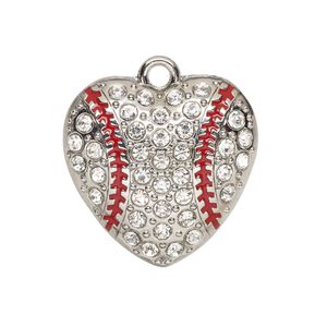 Charm, enamel / glass / silver-finished "pewter" (zinc-based alloy), clear and red, 26.5x26mm single-sided domed baseball heart. Sold individually.