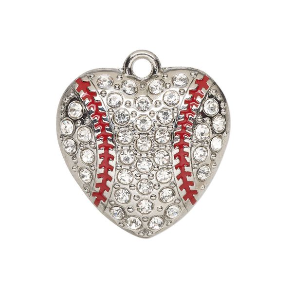 Charm, enamel / glass / silver-finished "pewter" (zinc-based alloy), clear and red, 26.5x26mm single-sided domed baseball heart. Sold individually. image number 0