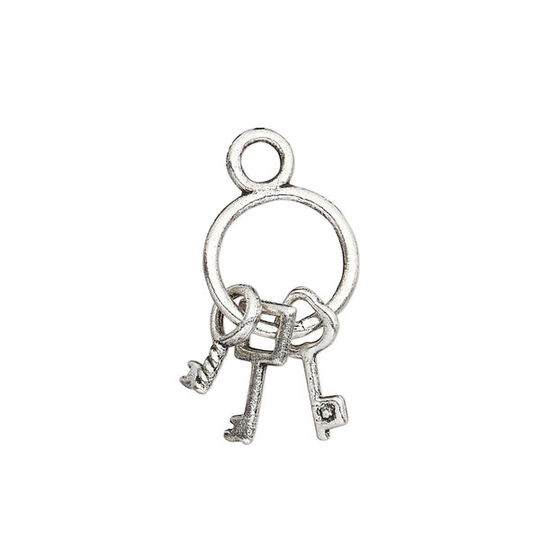 Charm, antique silver-plated "pewter" (zinc-based alloy), 21x12mm double-sided key ring with (3) keys. Sold per pkg of 10. image number 0