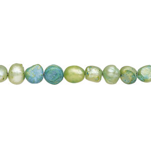 Freshwater pearl 1pkg1, flat-sided potato, 14 inch blue / grey / green 5-6mm cultured