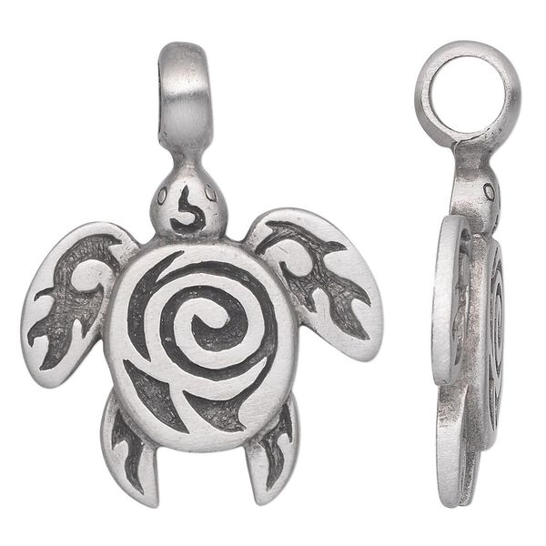 Pendant, antiqued pewter (tin-based alloy), 44x34mm single-sided turtle with spiral. Sold individually. image number 0