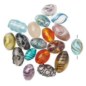 Bead mix, lampworked glass, pkg/4 ounces, opaque to transparent mixed colors with silver-colored foil and copper-colored glitter, 17x13mm-31x19mm oval.