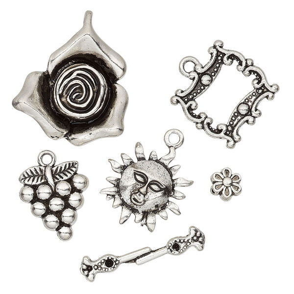 Component, antiqued silver-finished "pewter" (zinc-based alloy), 6.5x4mm-28x23.5mm assorted garden theme. Sold per 5-piece set. image number 0