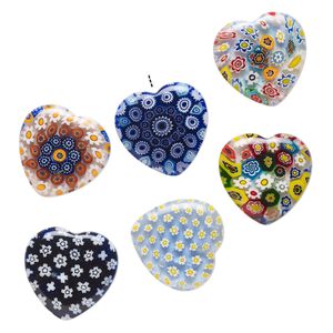 Bead, millefiori glass, translucent multicolored, 24-26mm half-drilled puffed heart with flower, star and tree design. Sold per pkg of 6.
