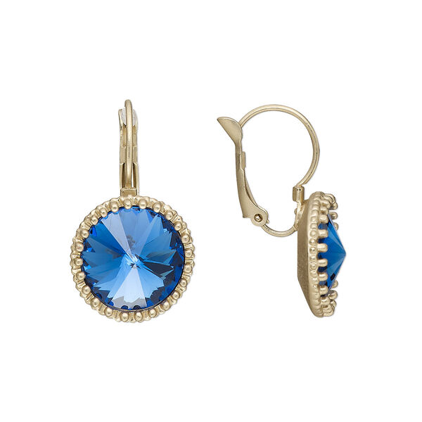 Earring, glass with gold-finished brass and "pewter" (zinc-based alloy), sapphire blue, 30mm with matte round and leverback ear wire. Sold per pair. image number 0