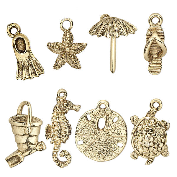 Charm set, antique gold-plated pewter (tin-based alloy), 16.5x5.5mm-25x17mm sand and sea theme. Sold per 8-piece set. image number 0