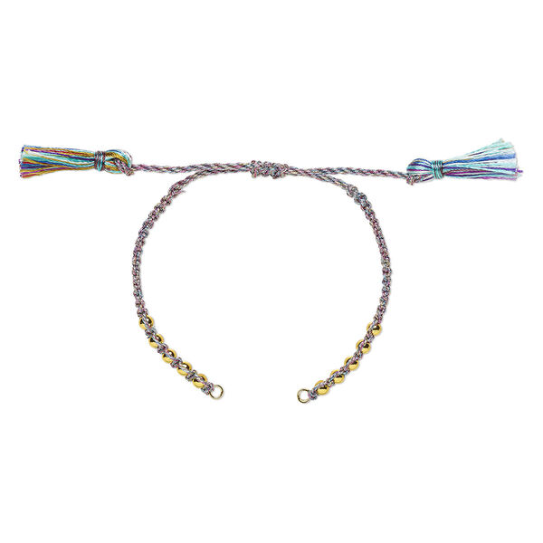 Bracelet component, nylon and gold-finished brass, rainbow, 9-3/4 inches with adjustable macramé closure and (2) 5mm open loops. Sold individually. image number 0