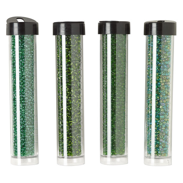 Seed bead assortment, Ming Tree™, glass, pkg/(4) 4 x 3/4 inch vials, #11 round, translucent and transparent silver-lined rainbow emerald green. image number 0