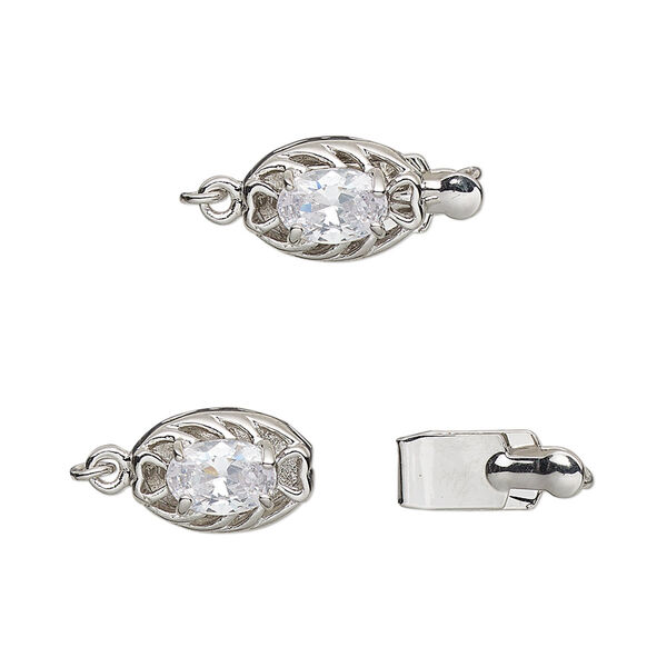 Clasp, tab, cubic zirconia and rhodium-plated brass, clear, 12x8mm oval. Sold individually. image number 0