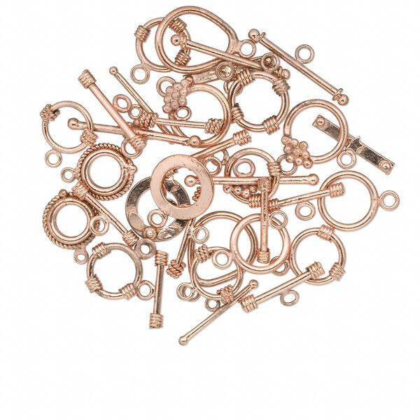 Clasp mix, toggle, copper, 14mm-22x18mm shiny round. Sold per 50-gram pkg, approximately 15 clasps. image number 0