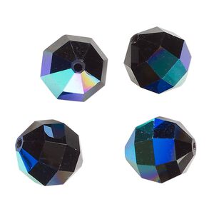 Bead 4pk black AB, vintage Preciosa Czech crystal 14mm round