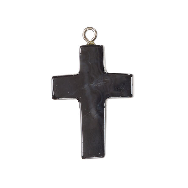Drop, steel and blackstone (dyed), pkg/1, 24x19mm-27x20mm cross, silver finish. image number 0