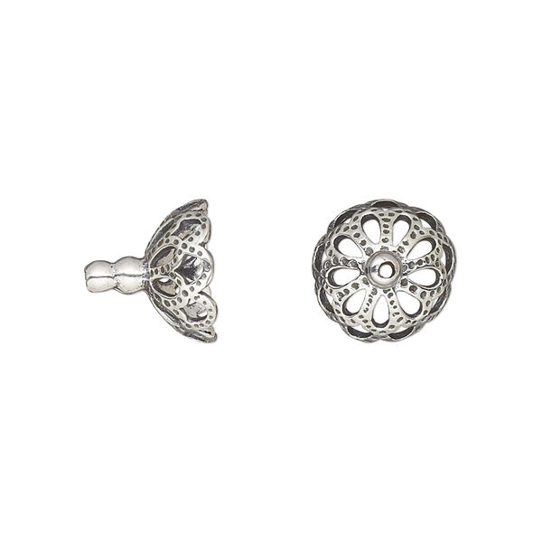 Bead cap, antiqued sterling silver, 11x10mm fancy round with scalloped edges, fits 10-12mm bead. Sold per pkg of 2. image number 0