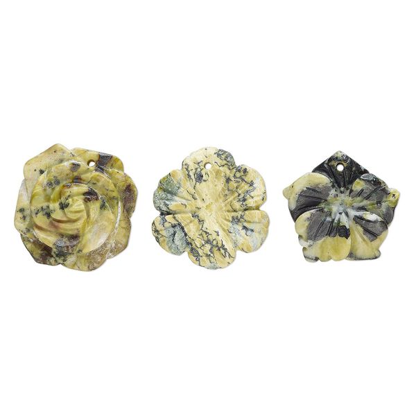 Yellow "turquoise" (serpentine with quartz) 1pkg3, carved flower drop natural mix 24x21mm-28x27mm image number 0