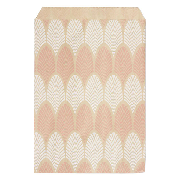 Bag, paper, brown, white and pink, 7x5 inch rectangle with leaf-print and scalloped top edge. Sold per pkg of 100. image number 0