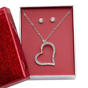 Necklace and earring set, Everyday Jewelry, glass rhinestone / silver-finished brass / steel / "pewter" (zinc-based alloy), clear, 30x27mm open heart, 16 inches with 3-inch extender chain and lobster claw clasp, 5mm round with post. Sold per set.