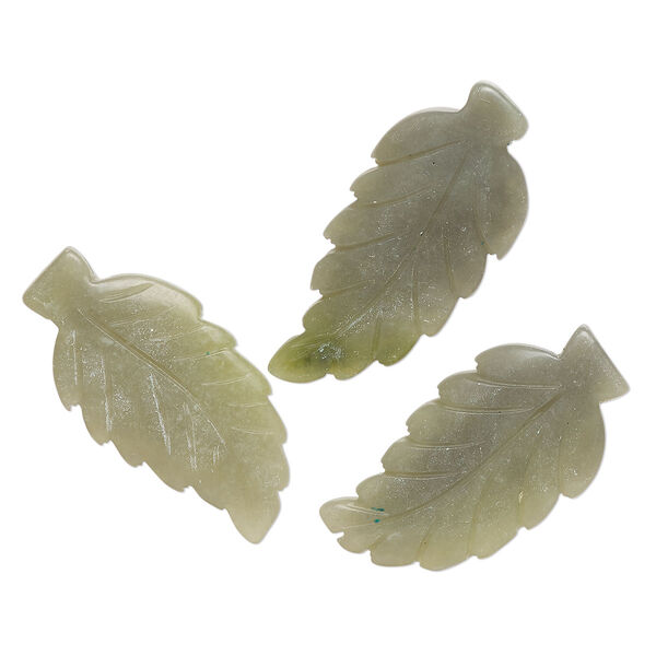 Focal, green serpentine (waxed), 36x17mm-43x20mm single-sided carved leaf, B grade, Mohs hardness 2-1/2 to 6. Sold per pkg of 3. image number 0