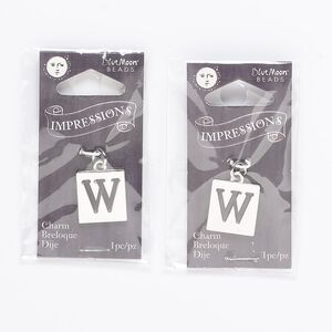 Drop, silver-finished "pewter" (zinc-based alloy) and steel, 16x15mm square with cutout alphabet letter "W." Sold per pkg of 2.