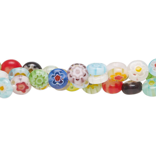 Bead, millefiori glass, opaque and translucent multicolored, 5-7mm puffed flat round. Sold per pkg of (3) 14-inch strands. image number 0