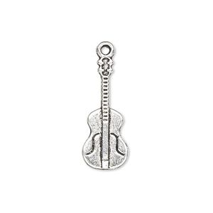 Charm, antique silver-plated "pewter" (zinc-based alloy), 24x10mm single-sided guitar. Sold per pkg of 10.
