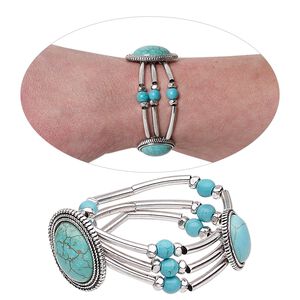 Bracelet, 3-strand stretch, magnesite (dyed / stabilized) / silver-plated brass / antique silver-plated "pewter" (zinc-based alloy), turquoise blue, 28x22mm oval, 6-1/2 inches. Sold individually.