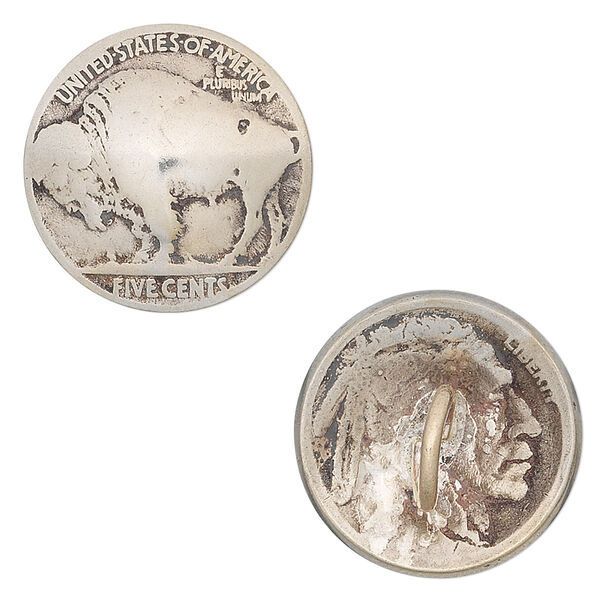 Coin button, Buffalo nickel, nickel, 20mm. Sold individually. image number 0