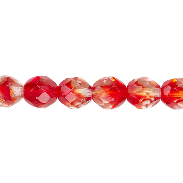 Bead, Czech fire-polished glass, two-tone, crystal / red, 8mm faceted round. Sold per pkg of 1/2 mass. image number 0