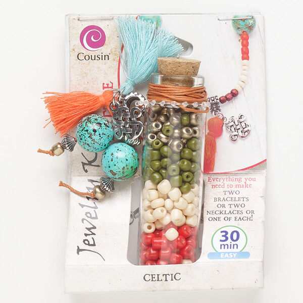 Necklace or bracelet kit, glass / steel / antique silver-finished "pewter" (zinc-based alloy) / cork / cotton / acrylic, mixed colors, Celtic theme. Sold per set. image number 0