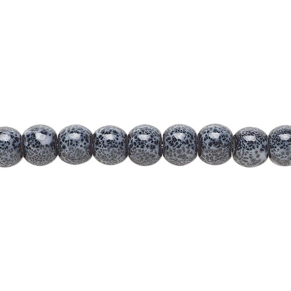 Bead, glass, opaque steel blue and black, 5-6mm round with random spotted pattern. Sold per 15-1/2" to 16" strand. image number 0