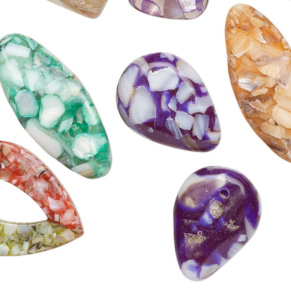 Bead mix, mother-of-pearl shell (assembled) and resin, multicolored, 23x12mm-37x35mm mixed shapes, 11x8mm-20x11mm inside diameter, Mohs hardness 3-1/2. Sold per 3-ounce pkg, approximately 15 beads. image number 0