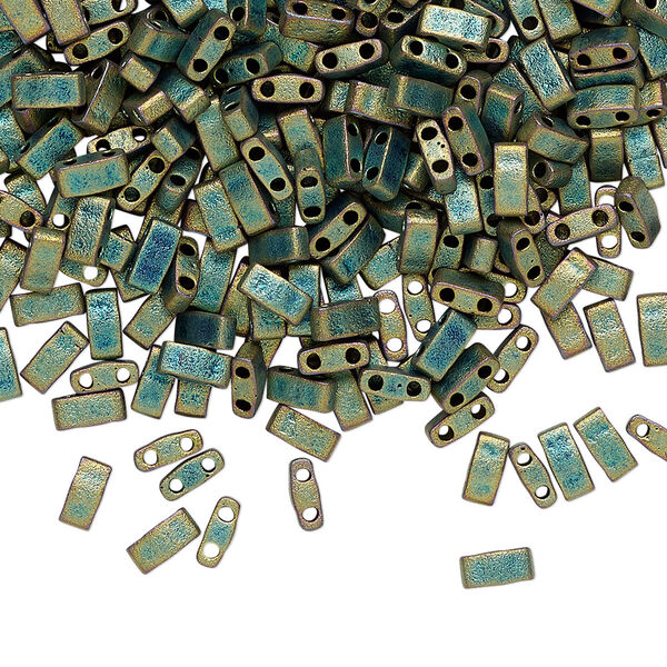 Seed bead, TILA®, glass, pkg/10g, 5x2.3mm half tila rectangle, opaque matte metallic iris green patina, (HTL-2008). image number 0