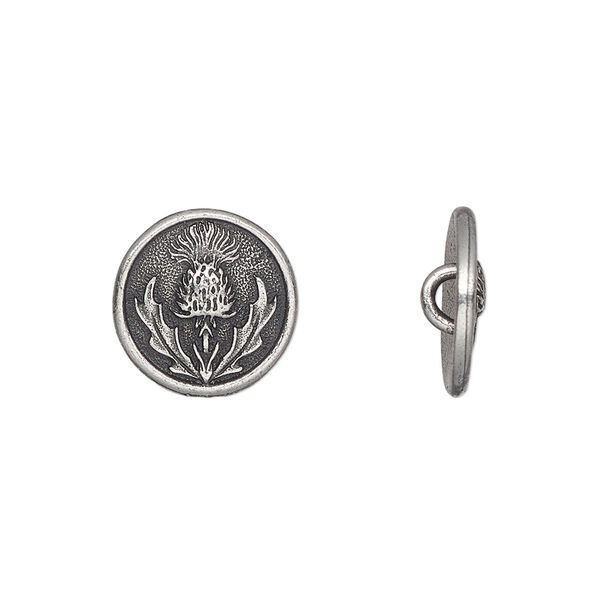 Button, TierraCast®, pewter (tin-based alloy), 14.5mm round with thistle design and hidden closed loop. Sold per pkg of 20. image number 0