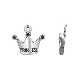 Charm, antique silver-plated "pewter" (zinc-based alloy), 18x13mm single-sided crown with engraved "Princess" and (3) PP18 chaton settings. Sold per pkg of 20.