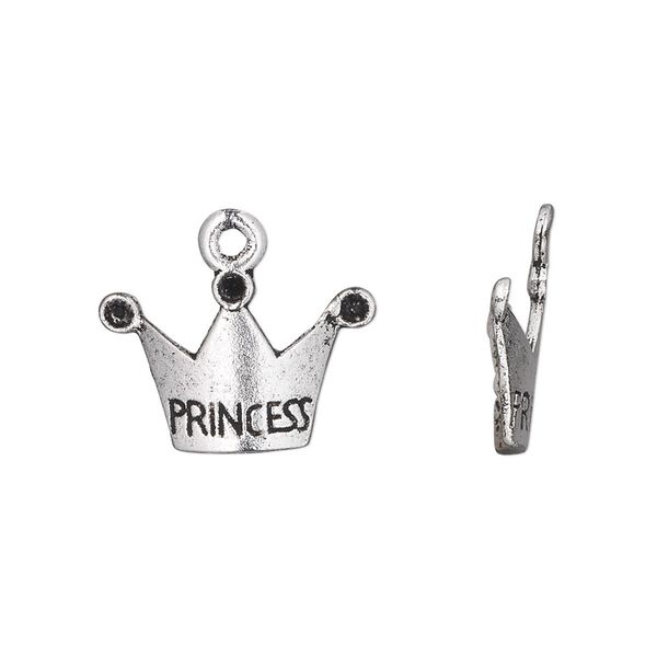 Charm, antique silver-plated "pewter" (zinc-based alloy), 18x13mm single-sided crown with engraved "Princess" and (3) PP18 chaton settings. Sold per pkg of 20. image number 0