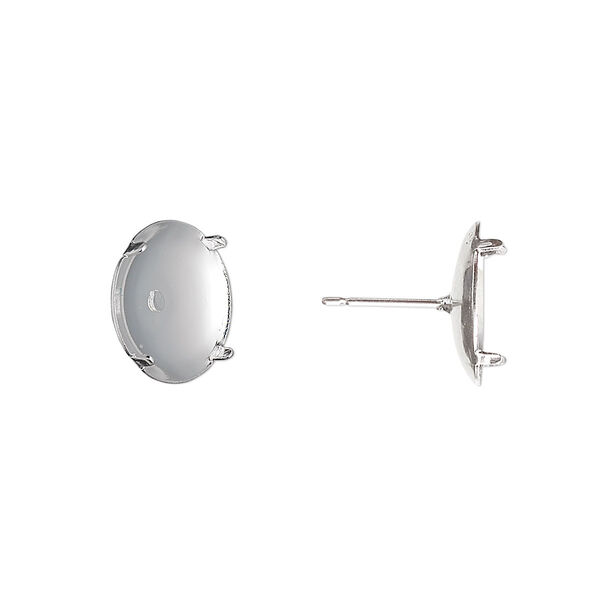 Earstud, silver-plated steel and stainless steel, 13mm round flat pad with 12mm 4-prong round setting. Sold per pkg of 50 pairs. image number 0