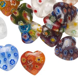 Bead mix, millefiori glass, translucent and transparent multicolored, 15-17mm puffed heart. Sold per 2-ounce pkg, approximately 30 beads.