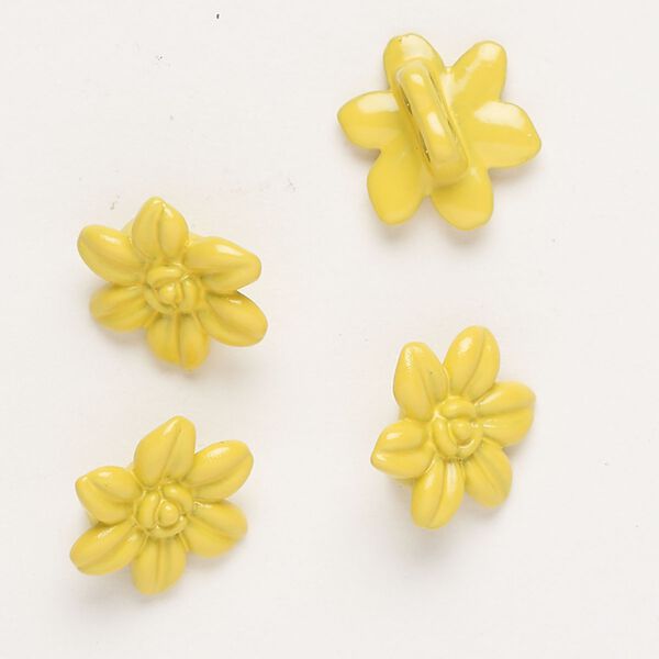Spacer bar, "pewter" (zinc-based alloy) and enamel, yellow, 14x12mm 2-strand flower, fits up to 4mm beads. Sold per pkg of 4. image number 0
