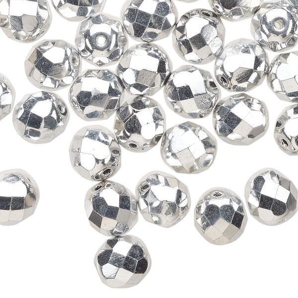 Bead 1pkg50 Czech fire-polished glass, 8mm faceted round, opaque metallic silver image number 0