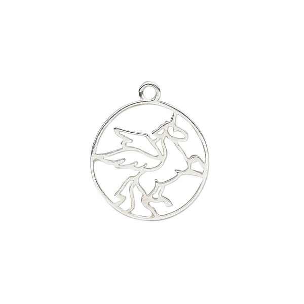 Charm Amoracast® 1pkg1 sterling silver, 14.5mm 2-sided open flying unicorn round image number 0