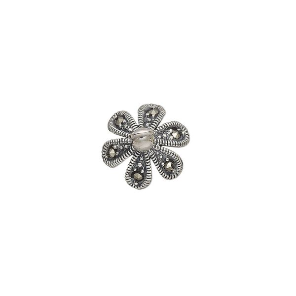 Cup, marcasite (natural) and antiqued sterling silver, 13x13mm flower petal with 0.8mm twisted peg, fits 10-12mm bead. Sold individually. image number 0
